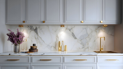 Modern marble kitchen with gold accents, elegant home interior design
