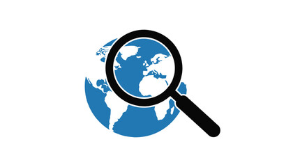 Magnifying glass over a stylized blue globe showing continents and oceans on a white background representing global search and discovery
