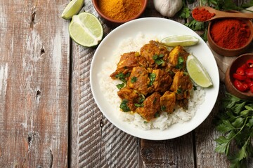 Delicious chicken tikka masala with rice, parsley, lime and spices on color wooden table, flat lay. Space for text
