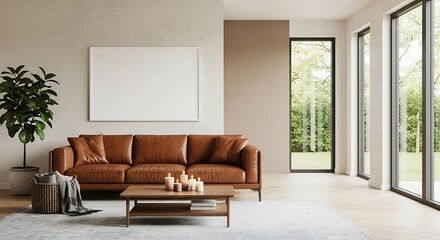 Spacious modern living room with comfortable brown leather sofa, elegant wooden coffee table, large potted plant, blank white frame, and expansive windows with lush garden.