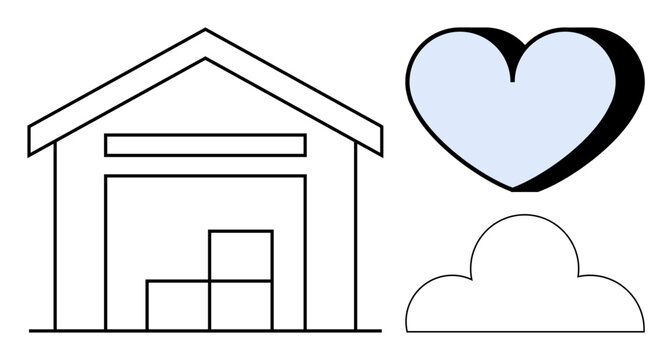 Warehouse loaded with boxes, adjacent heart, and cloud. Ideal for logistics, storage, delivery, customer service, cloud computing healthcare connection. Minimalist flat metaphor