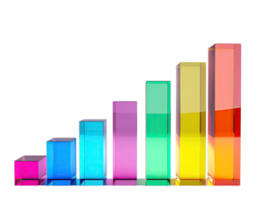 Three Dimensional Colorful Glass Bar Chart Showing Upward Trend and Growth Isolated on Black Background with Reflections