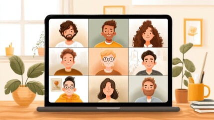 Digital illustration of diverse people in a virtual meeting on a laptop screen.