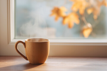 秋の香り ― 木のマグと光に包まれた静寂の朝