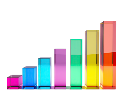 Three Dimensional Colorful Glass Bar Chart Showing Upward Trend and Growth Isolated on Black Background with Reflections