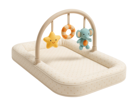 Diaper changing pad with a toy bar for fun during changes in a playroom.