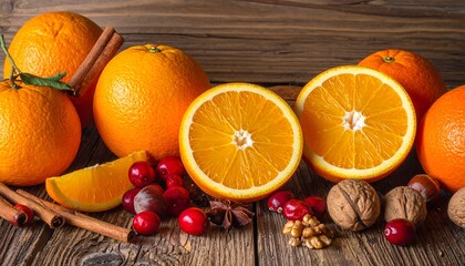Festive Citrus Still Life - Oranges, Cranberries, and Cinnamon.