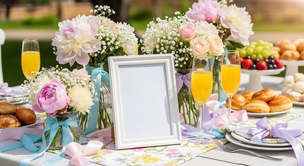 Outdoor celebration table with pastel flowers, juice, pastries, fruit, and a blank white frame for custom text or artwork. perfect for brunch, parties, or event invitations.