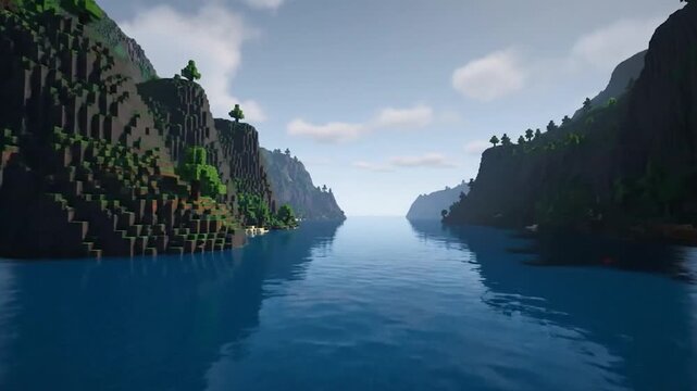 A serene waterway bordered by pixelated cliffs, adorned with trees, mirrors the sky's soft light