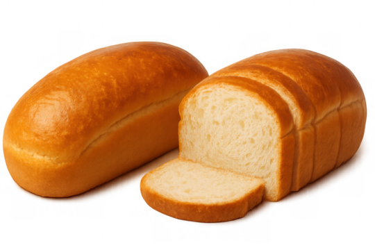 White bread loaves, one sliced and one whole, showcasing fresh baked goods on a transparent background - Powered by Adobe