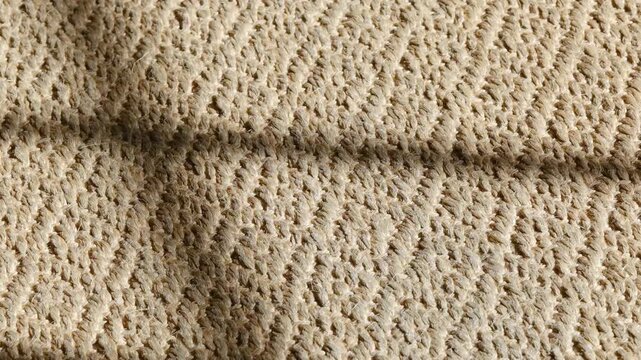 Close up texture of rough woven beige fabric with shadow patterns