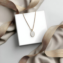 Round pendant necklace in white box with ribbon
