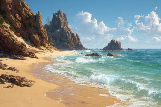 Scenic beachscape featuring rocky cliffs, sandy shore, and gentle turquoise waves under a bright blue sky in Algarve, Portugal