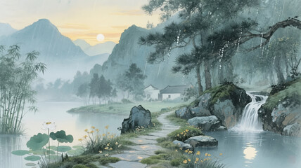 End of Heat Solar Term Landscape Chinese Painting Zen Chinese Classical Culture Background