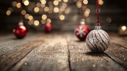 Red and silver holiday ornaments on a rustic wooden surface sprinkled with glitter against a background of warm bokeh lights - Powered by Adobe