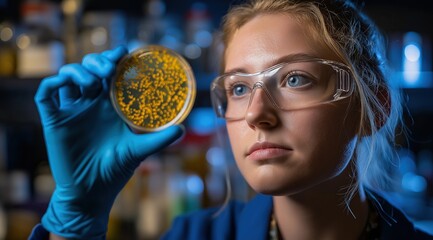 Female scientist examining bacterial culture in Petri dish