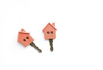 Three miniature house-shaped keys arranged on a clean white background, minimalist, antique
