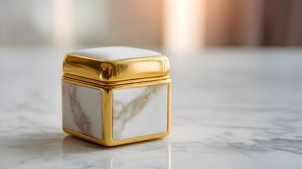 Marble jewelry box with golden lid on soft light
