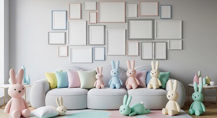 Bright room with pastel sofa, colorful cushions, many plush easter bunnies. empty frames gallery wall. cheerful, playful spring nursery interior design style.