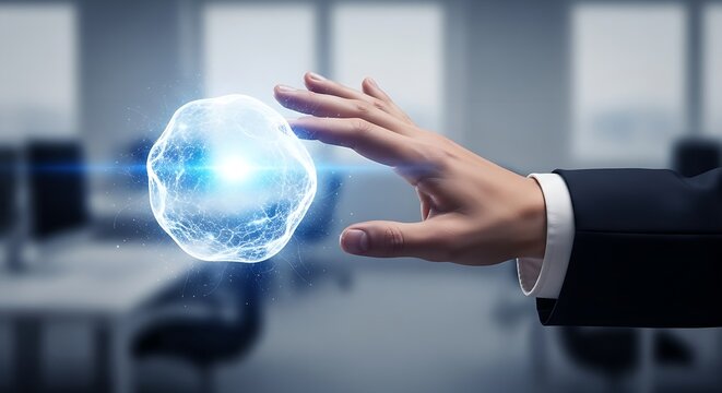 Hand reaching for a glowing blue orb with visible energy patterns in a modern office setting indoors