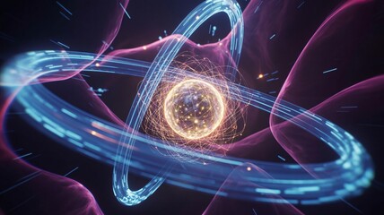 Abstract Atomic Structure with Glowing Orbits and Energy Fields image photo