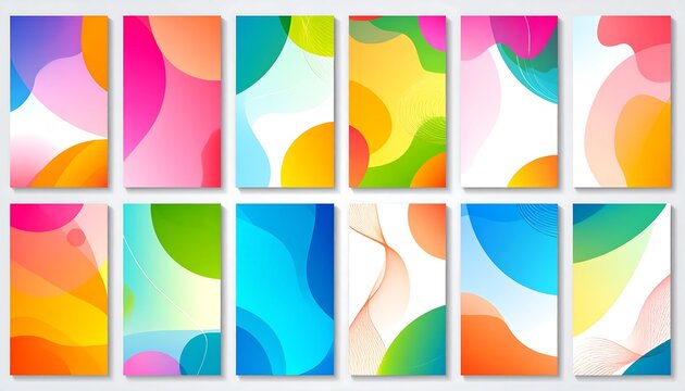 Twelve vibrant vertical panels each display abstract, layered shapes and gradients, creating a dynamic and modern visual collection. Each design showcases different hues