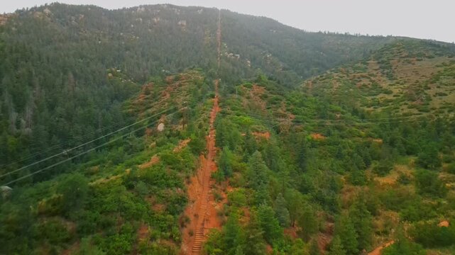 View on the multiple steps leading to the mountain top. Aerial perspective on the stunning route of the Manitou Springs Incline in Colorado, USA.