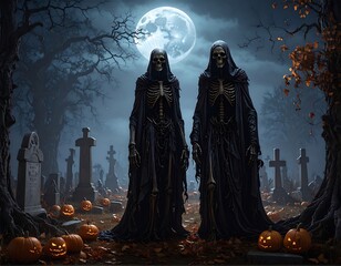Two cloaked skeletal figures stand in a moonlit graveyard, surrounded by tombstones and pumpkins. A spooky atmosphere is created by the dark color palette