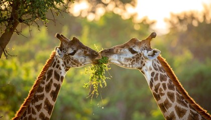 Two giraffes share leafy food in a soft-focus landscape, bathed in warm light