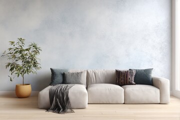 Minimalist living room interior features a low profile sectional sofa beside a potted houseplant against a textured wall