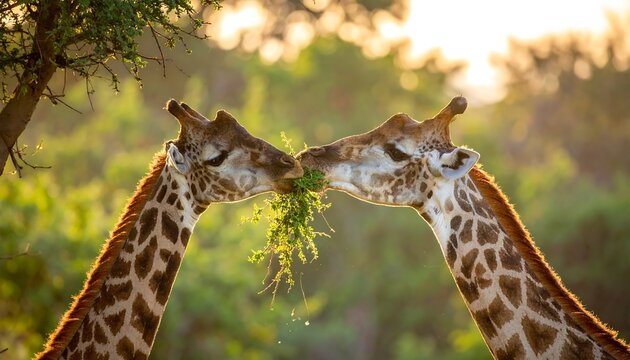 Two giraffes share leafy food in a soft-focus landscape, bathed in warm light