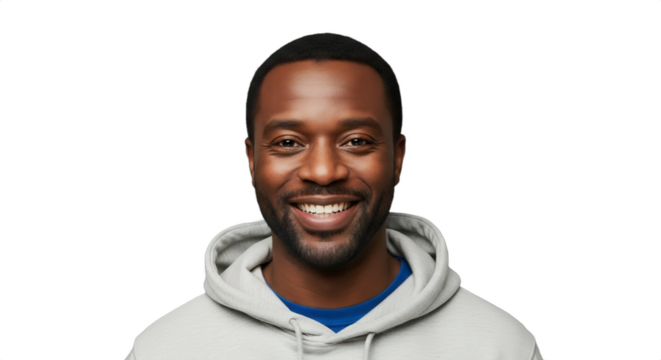 Smiling 38-42-year-old Black man, a mobile app developer launching a holiday game, wearing a casual hoodie. Ideal for tech launches, marketing, holiday promotions, and corporate use.