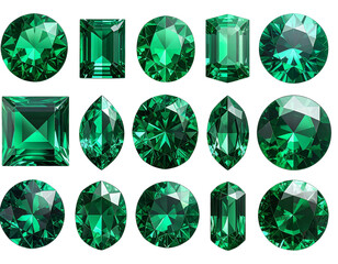  A 3D-style collection of green emerald gemstones in assorted cuts and shapes — round, oval, and square — sparkling with light reflections and realistic faceting, arrGenerative AI