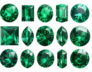  A 3D-style collection of green emerald gemstones in assorted cuts and shapes — round, oval, and square — sparkling with light reflections and realistic faceting, arrGenerative AI