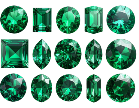  A 3D-style collection of green emerald gemstones in assorted cuts and shapes — round, oval, and square — sparkling with light reflections and realistic faceting, arrGenerative AI