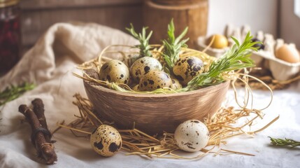 Fresh quail eggs in rustic wooden bowl with herbs and straw. Generative AI