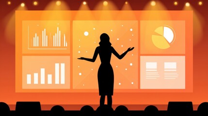 Silhouette of a presenter with data visualizations
