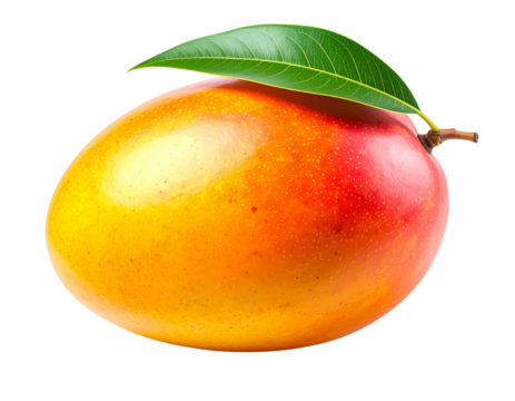  A highly detailed, photorealistic ripe mango with smooth orange-yellow skin and a single green leaf attached to the stem, soft natural lighting, gentle on transparent background, Generative AI 