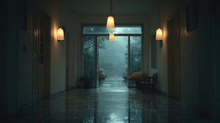 Mysterious hallway with soft lighting and a view of nature through glass doors.