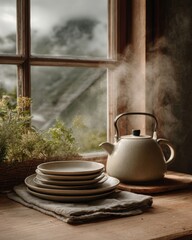 Cozy kitchen scene featuring a steaming kettle, plates, and fresh herbs by a window.