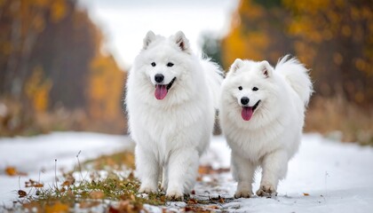 Two fluffy, white dogs with pink tongues run through a snowy path with fall foliage creating a vibrant blurred background