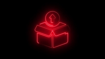 A striking red neon illustration of an open box with an upward pointing arrow, symbolizing delivery, upload, or sending, set against a black backdrop