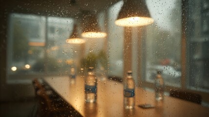 Rainy window view with bottles on a table and warm lamps illuminating the scene.