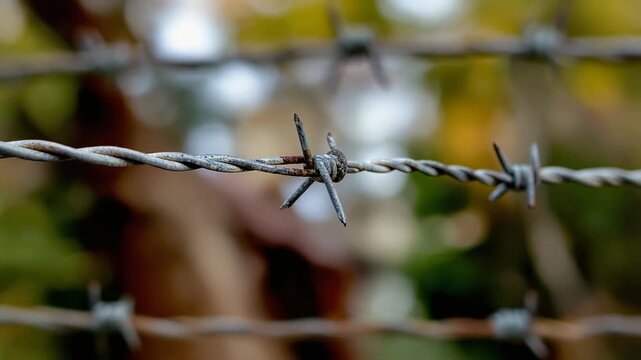 Single rusted barb on twisted barbed wire, close-up. Security, boundary, danger, confinement, and struggle abstract concept.