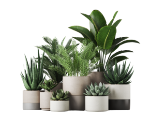  A stylish 3D render of assorted indoor plants in ceramic pots, featuring succulents, ferns, and leafy greens in modern neutral-toned planters, clean composition and soft shad interior design mockups,