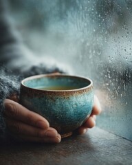 Warm cup held against a rainy window, evoking a cozy atmosphere.