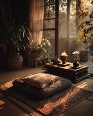 Cozy interior with cushions, plants, and candles creating a serene atmosphere.