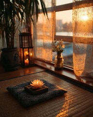 Tranquil indoor setting with a lotus flower, plants, and warm lighting at sunset.