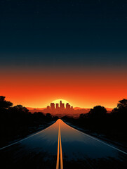 Highway leading to the city horizon at sunset