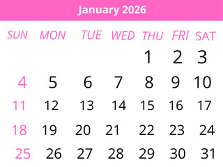  2026 Calendar January Pink Style